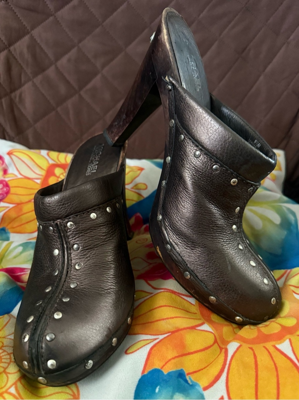 Michael Kors Leather Studded Clog Mules Brown Wooden Heel Size 8.5M
